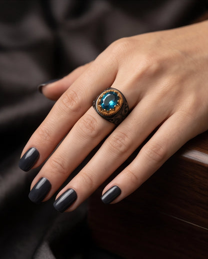 Celestial Aquamarine Sunburst Signet Ring