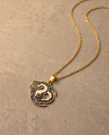 Gold Coiled Dragon Black & White Enamel Pendant Necklace