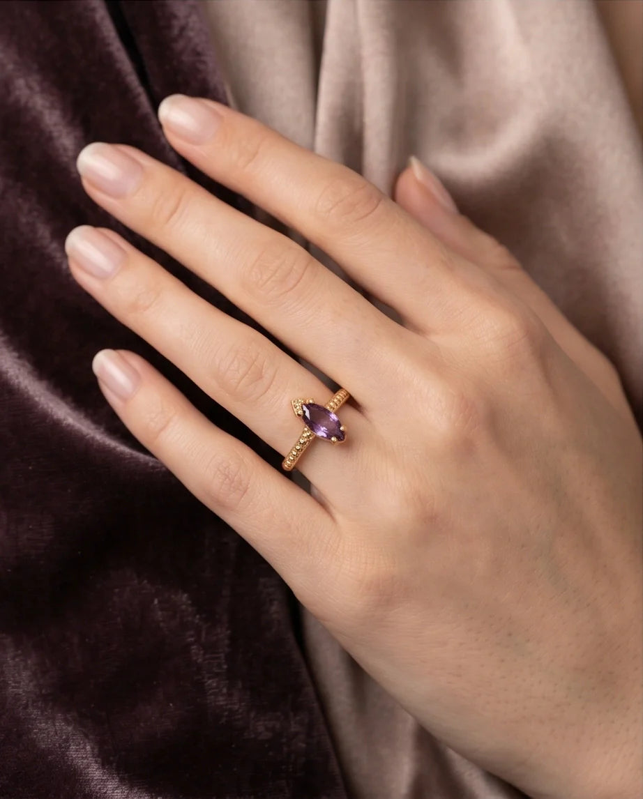 "Amethyst Aura" – Marquise Cut Gold Ring
