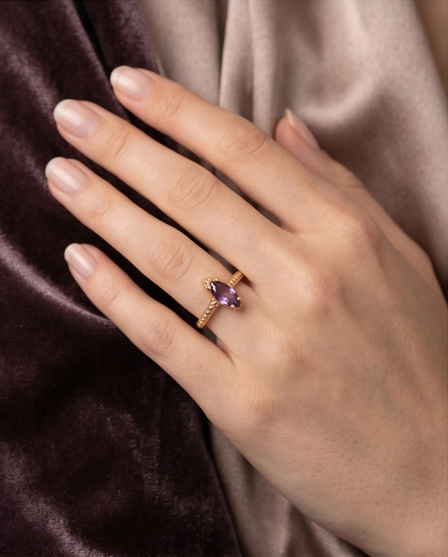"Amethyst Aura" – Marquise Cut Gold Ring