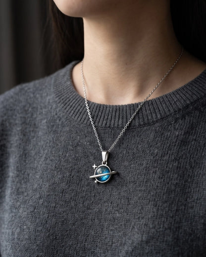 Silver Cosmic Saturn Galaxy Ring Pendant Necklace