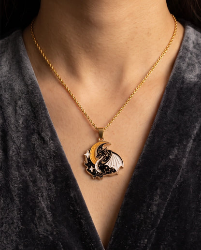Gold Celestial Crescent Moon Dragon Enamel Pendant Necklace