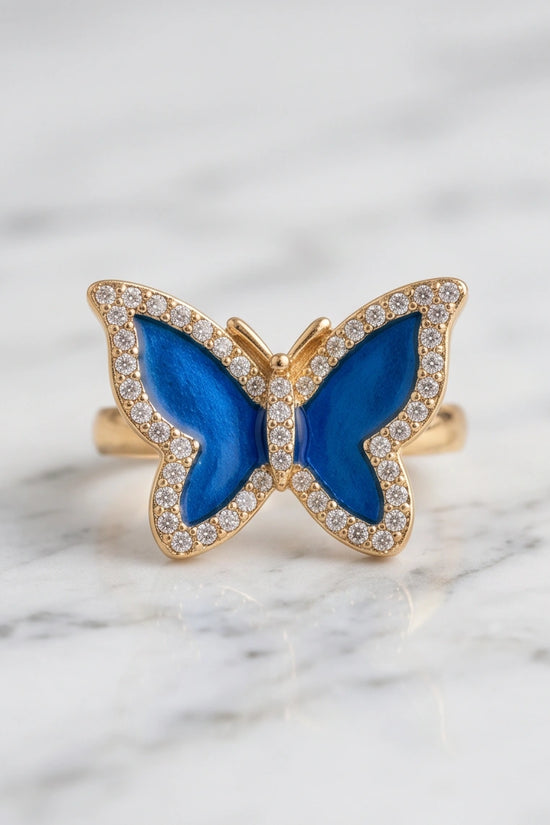 Gold Plated Royal Blue Enamel Butterfly Statement Ring