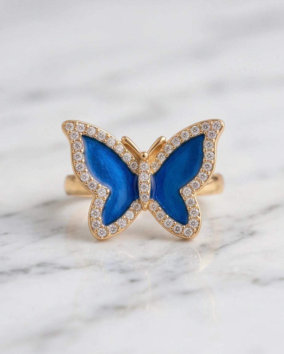 Gold Plated Royal Blue Enamel Butterfly Statement Ring