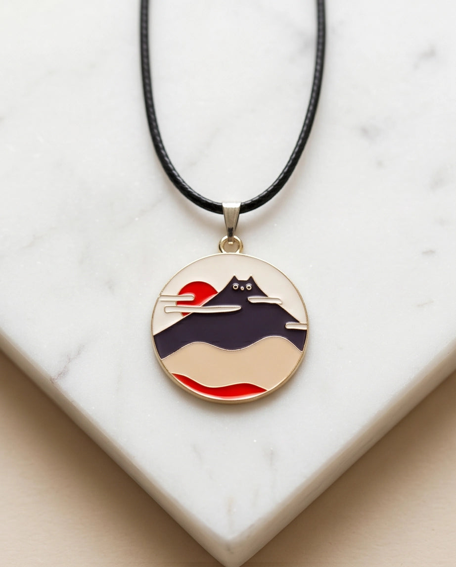 Japanese Mountain & Cat Enamel Pendant Necklace