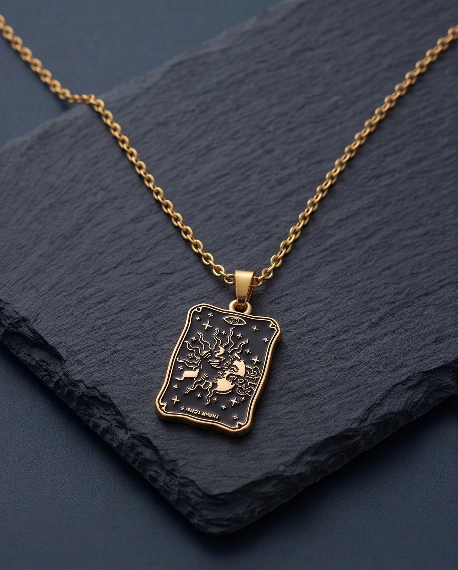 Gold Celestial Sun & Moon Tarot Card Pendant Necklace
