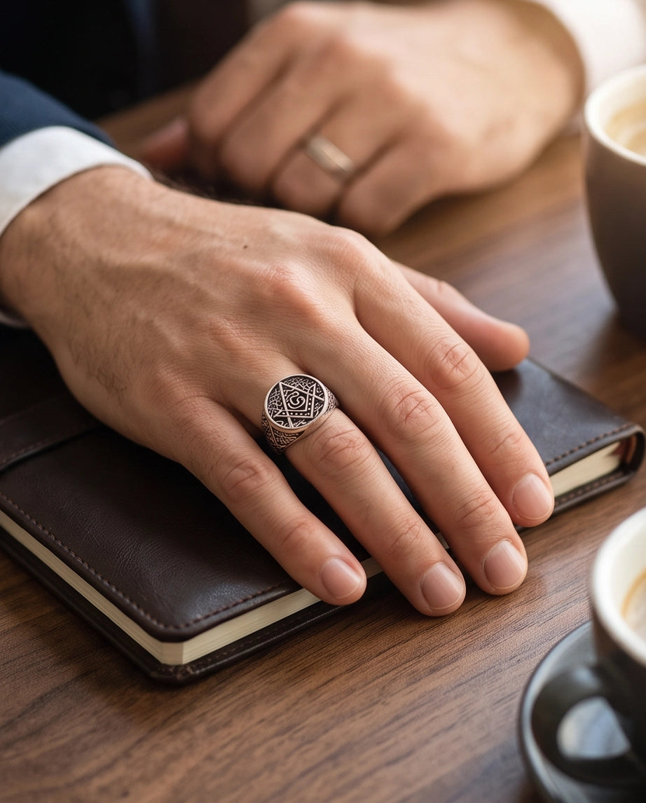 Masonic Scrollwork Oval Signet Silver Ring