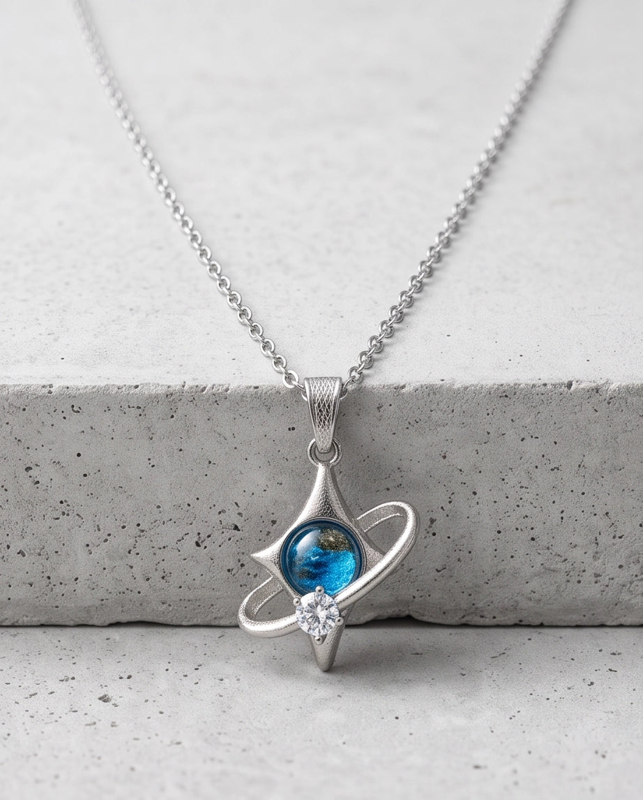 Silver Cosmic Four-Point Star Planet Ring Pendant Necklace