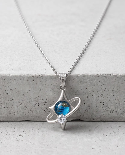 Silver Cosmic Four-Point Star Planet Ring Pendant Necklace
