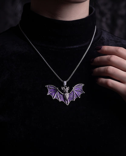 Silver Purple Enamel Flying Bat Pendant Necklace