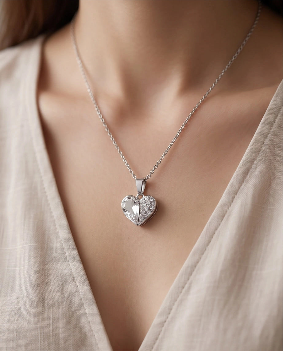 Silver Clear Crystal Heart Pavé Pendant Necklace