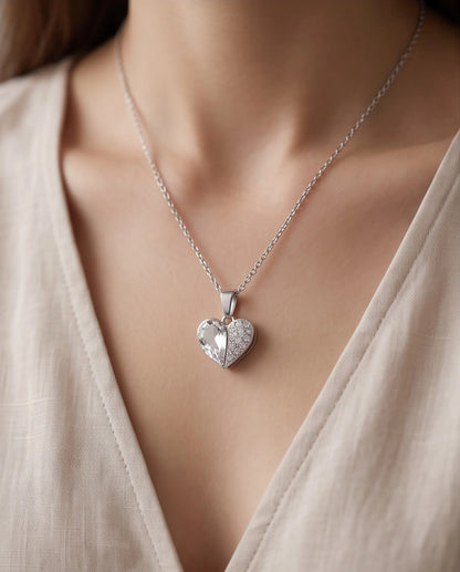 Silver Clear Crystal Heart Pavé Pendant Necklace