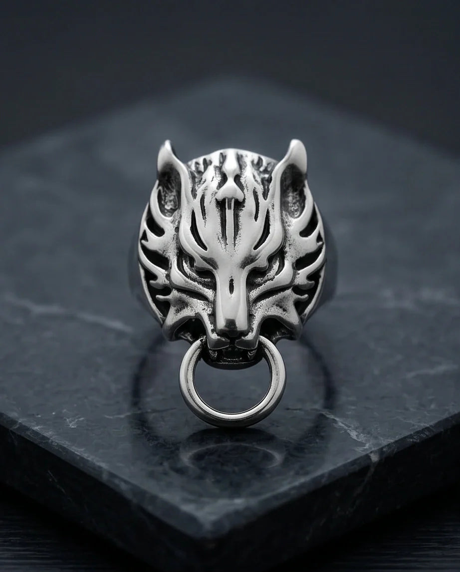 Vintage Silver Oxidized Viking Wolf Door Knocker Ring