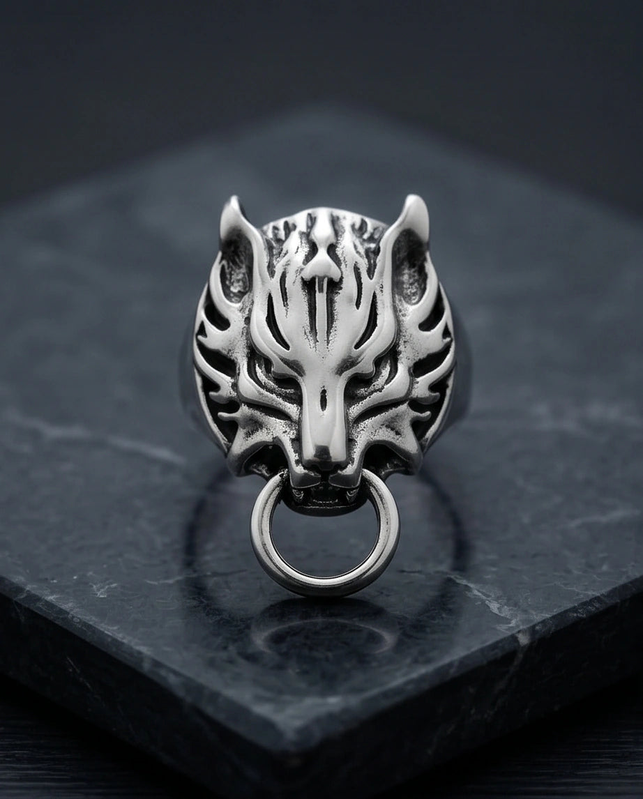 Vintage Silver Oxidized Viking Wolf Door Knocker Ring