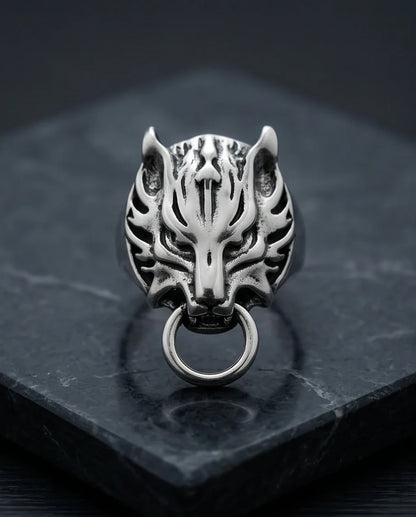 Vintage Silver Oxidized Viking Wolf Door Knocker Ring