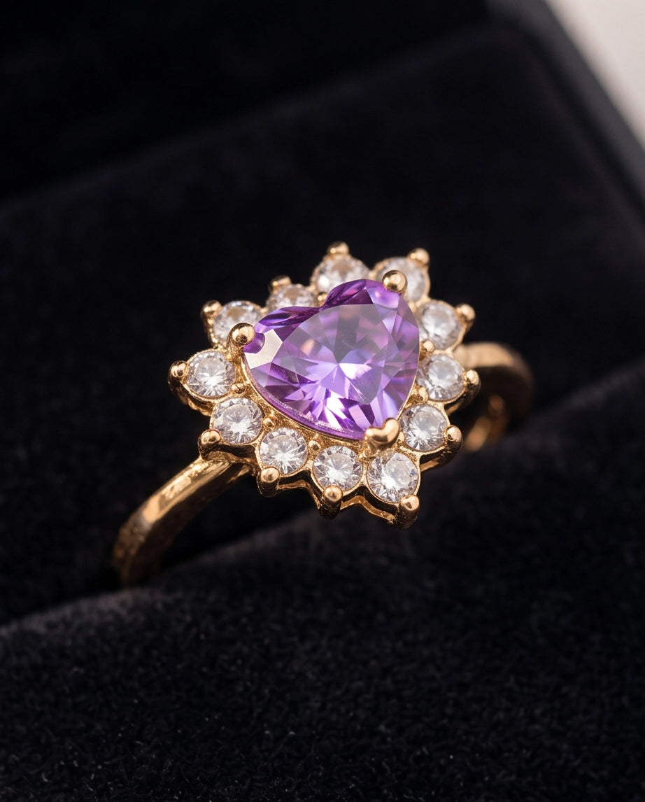 Gold Purple Heart Gemstone Halo Ring