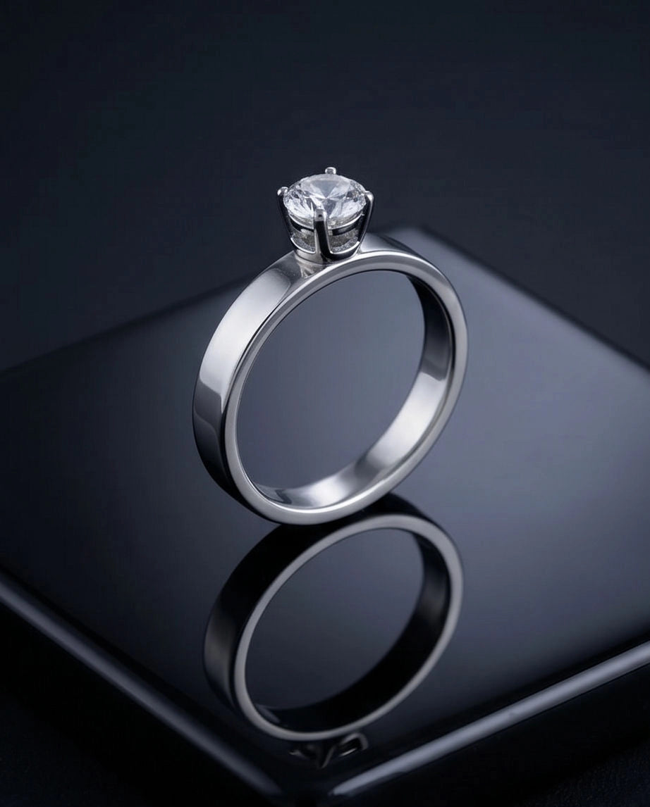 Silver Round Gemstone Crown Band Solitaire Ring