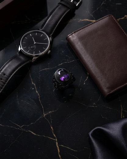Matte Black Oval Amethyst Scroll Signet Ring