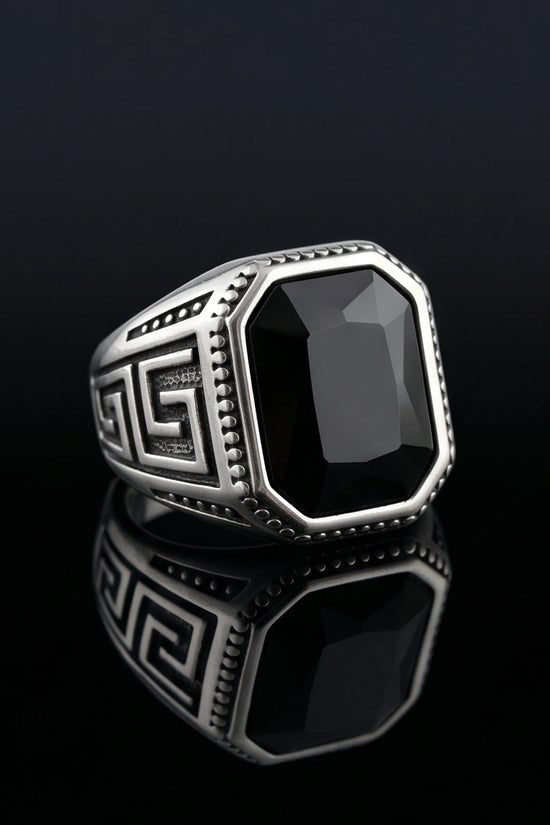 Vintage Greek Key Black Onyx Gemstone Ring