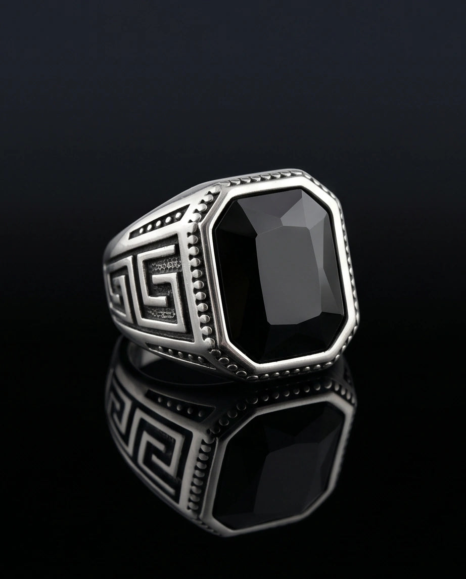 Vintage Greek Key Black Onyx Gemstone Ring