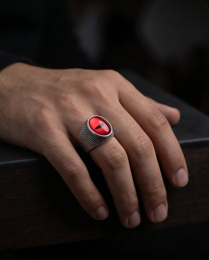 Crimson Brickwork Slit-Pupil Silver Ring