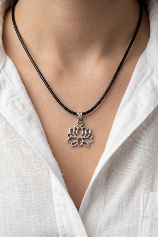 The Zen Bloom: Geometric Matte Silver Lotus Pendant Necklace