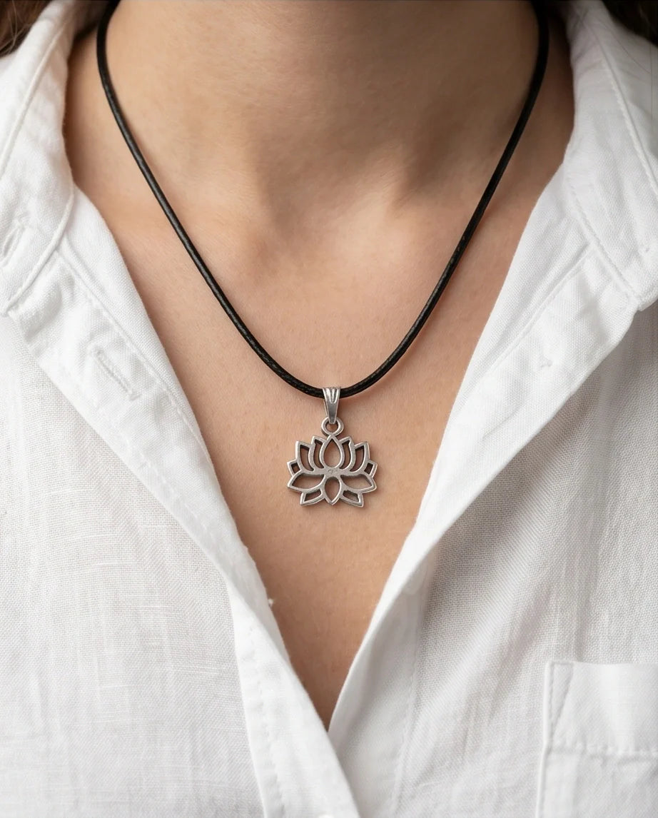 The Zen Bloom: Geometric Matte Silver Lotus Pendant Necklace