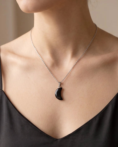 Silver Black Obsidian Crescent Moon Pendant Necklace