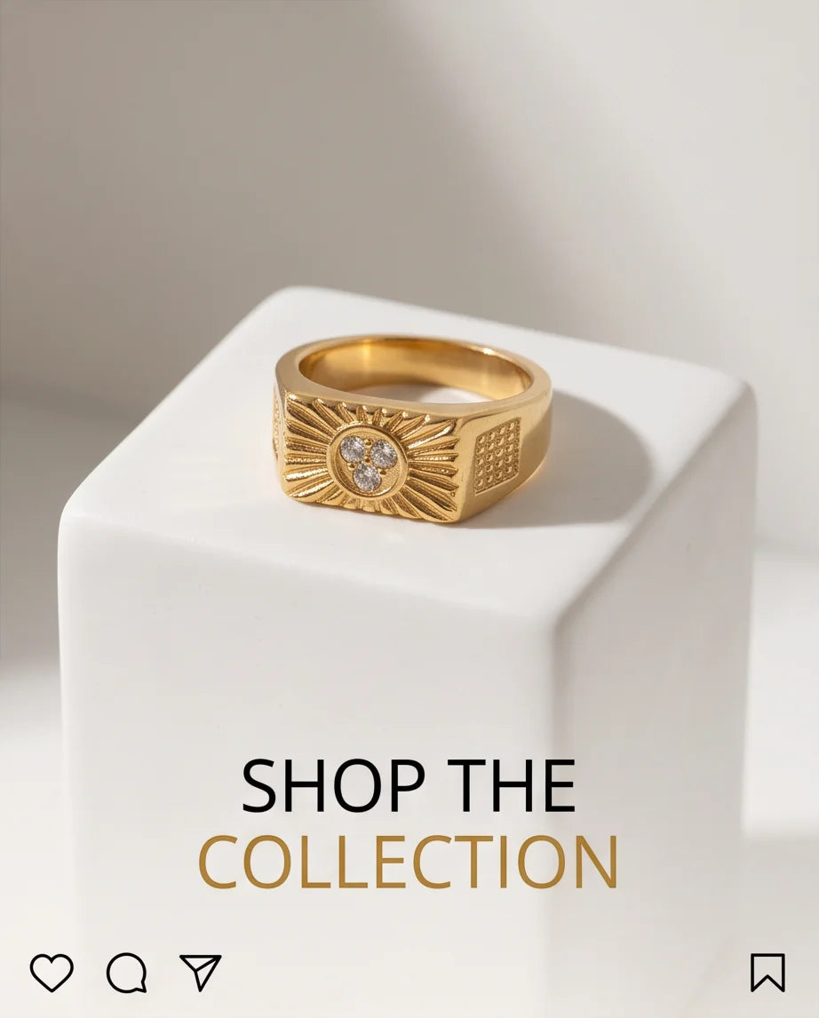 Celestial Sunburst Pavé Triple-Crystal Grid Gold Ring