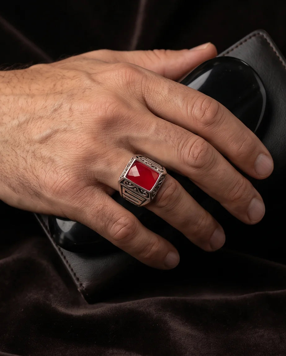 Scarlet Gemstone Filigree Bezel Rectangular Silver Ring