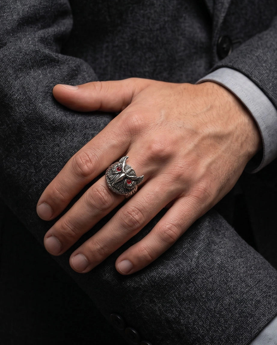 Red-Eyed Sculpted Owl Signet Ring