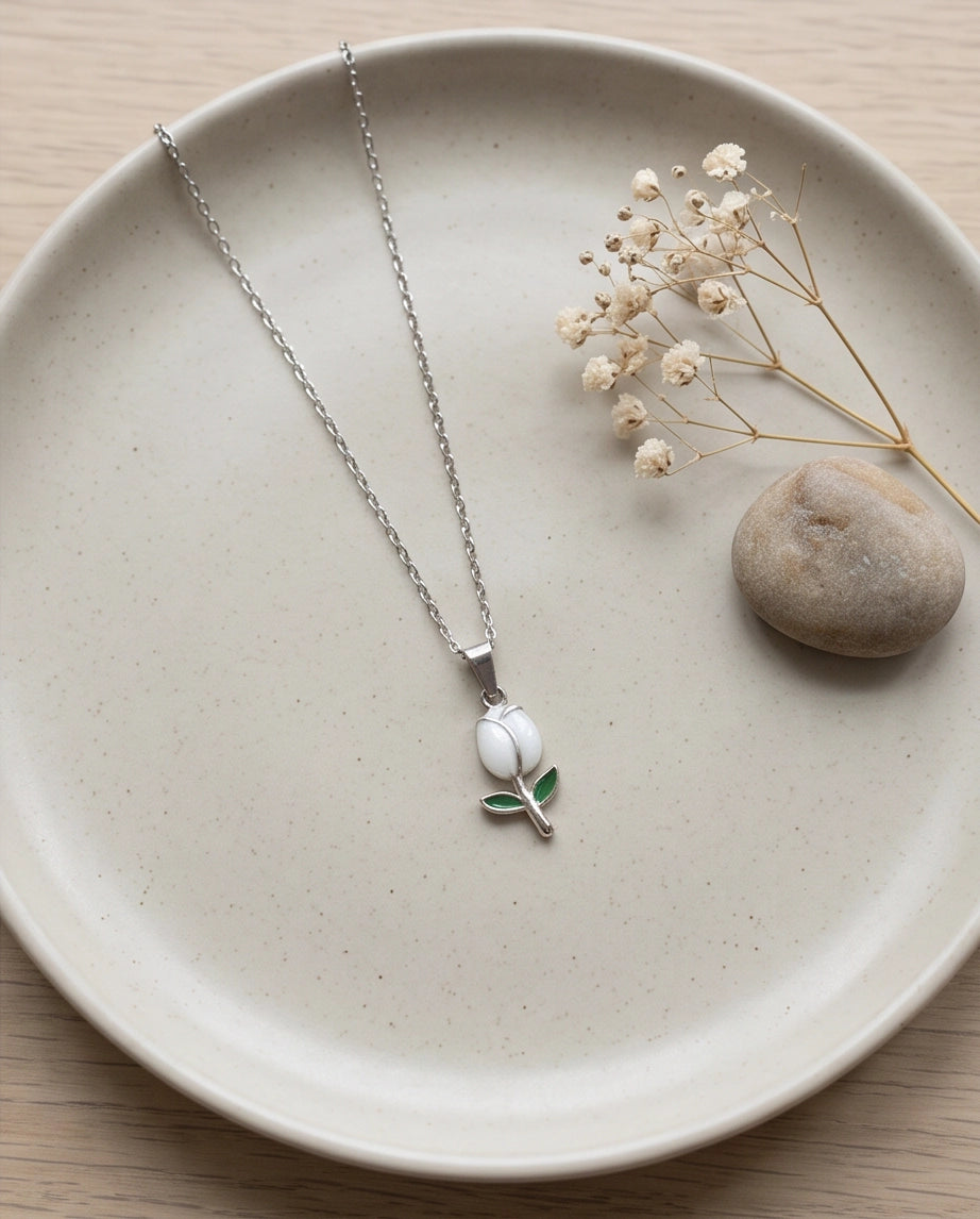 Silver White Enamel Tulip Pendant Necklace