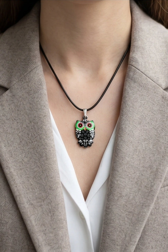 Mystic Green-Eyed Tribal Owl Pendant Necklace