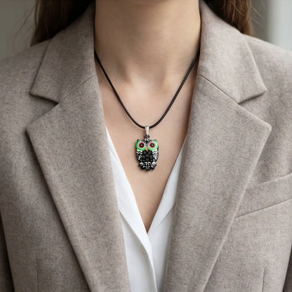 Mystic Green-Eyed Tribal Owl Pendant Necklace