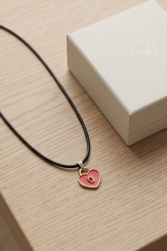 Gold and Red Heart Padlock Necklace