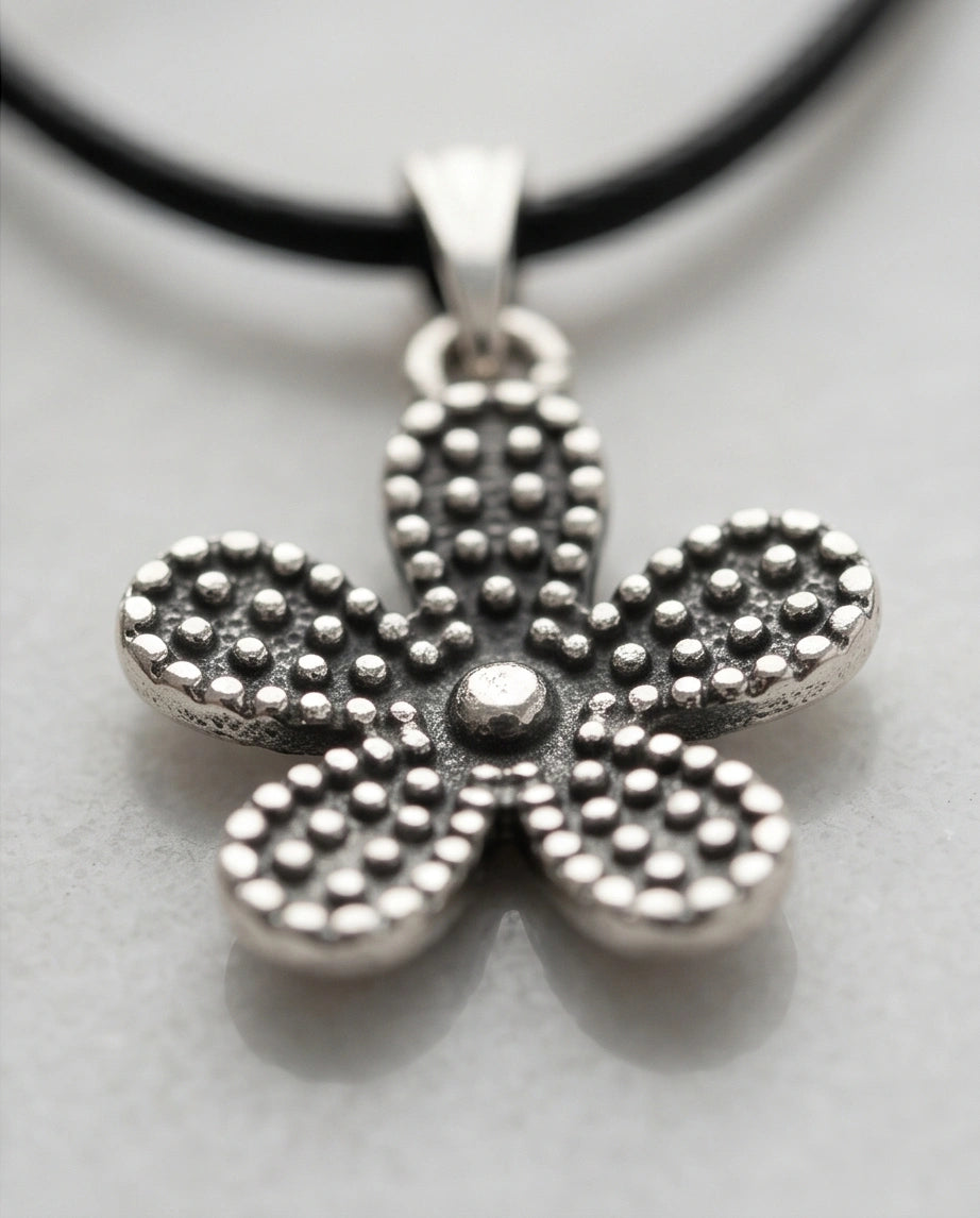 Silver Beaded Textured Flower Necklace