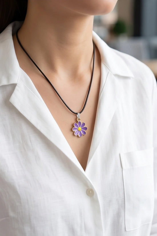 Vibrant Purple Daisy Enamel Pendant Necklace