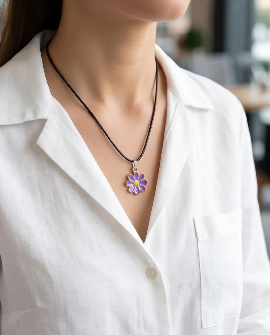 Vibrant Purple Daisy Enamel Pendant Necklace