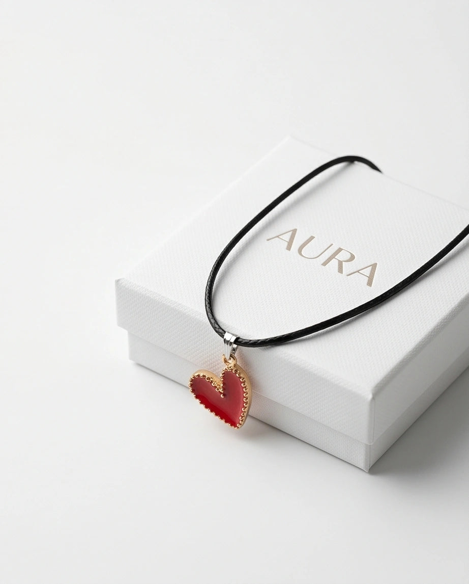 Gold and Textured Red Heart Necklace