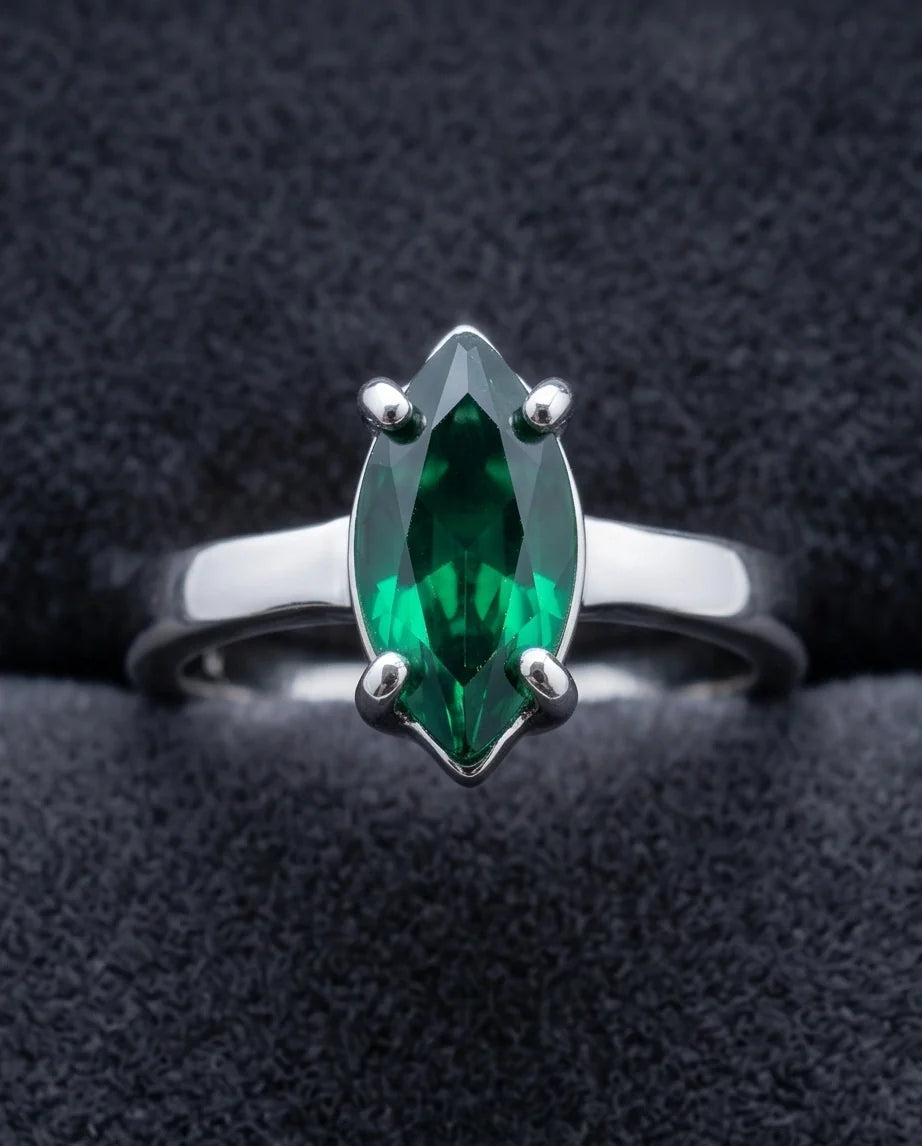 Sterling Silver Marquise-Cut Green Emerald Solitaire Ring