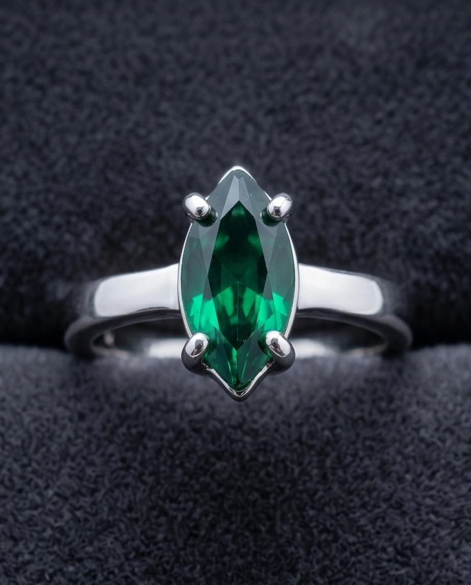 Sterling Silver Marquise-Cut Green Emerald Solitaire Ring