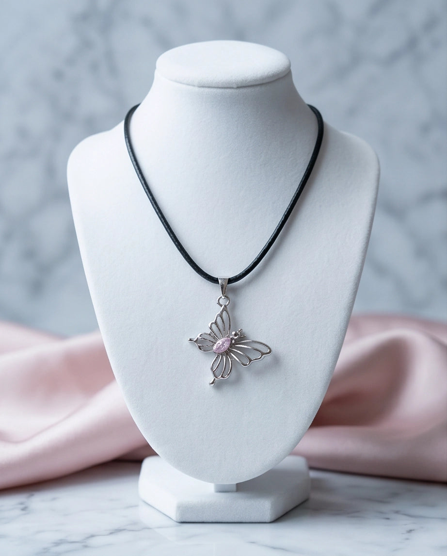 Openwork Butterfly Gemstone Cord Necklace