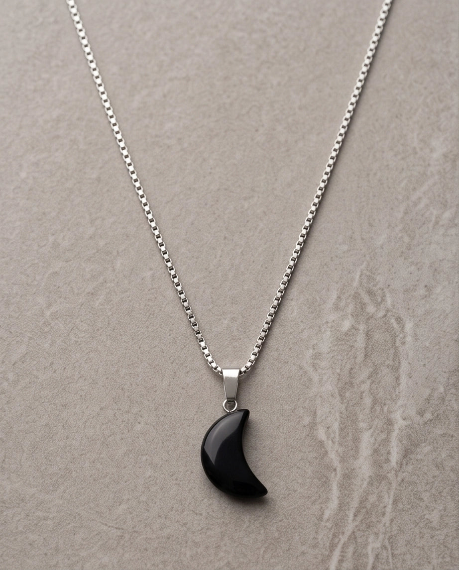 Silver Black Obsidian Crescent Moon Pendant Necklace