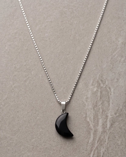 Silver Black Obsidian Crescent Moon Pendant Necklace
