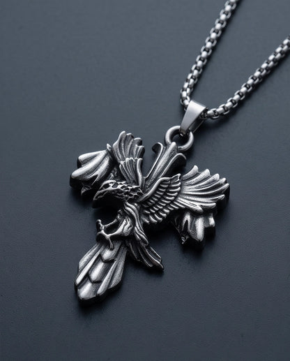 Silver Raven Gothic Cross Pendant Necklace