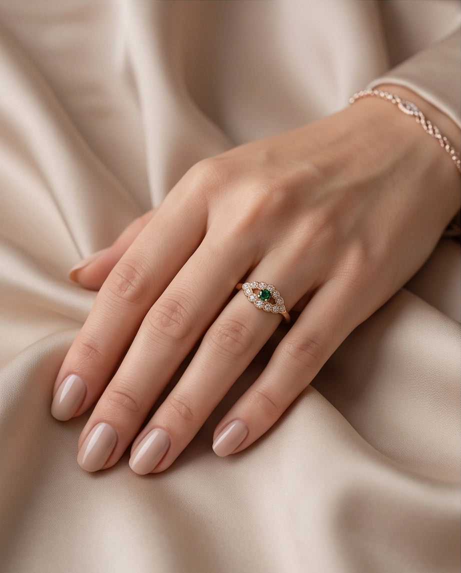 Emerald & Crystal Scalloped Halo Ring