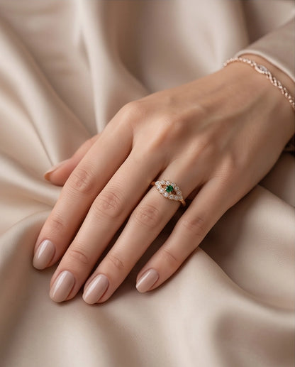 Emerald & Crystal Scalloped Halo Ring