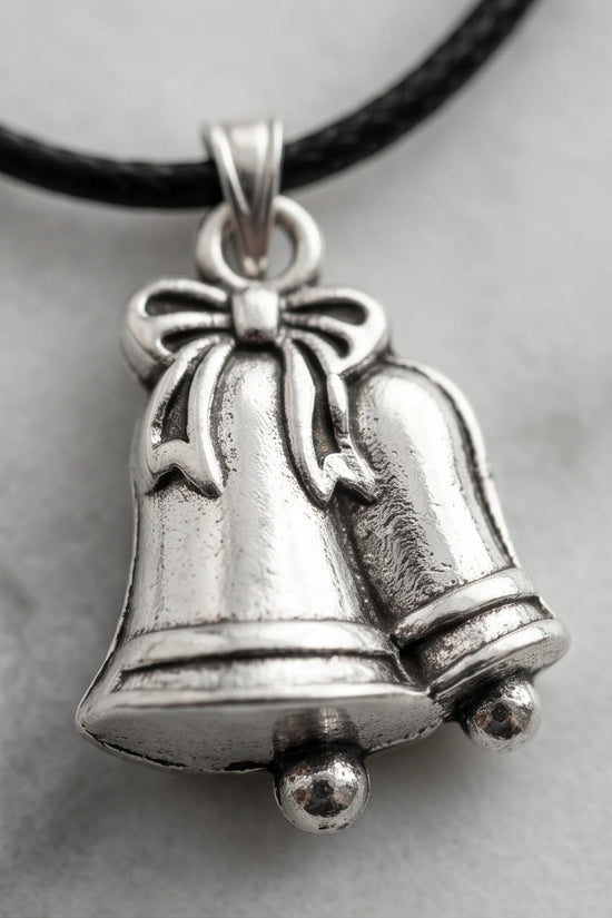 Silver Double Bells Ribbon Pendant Necklace