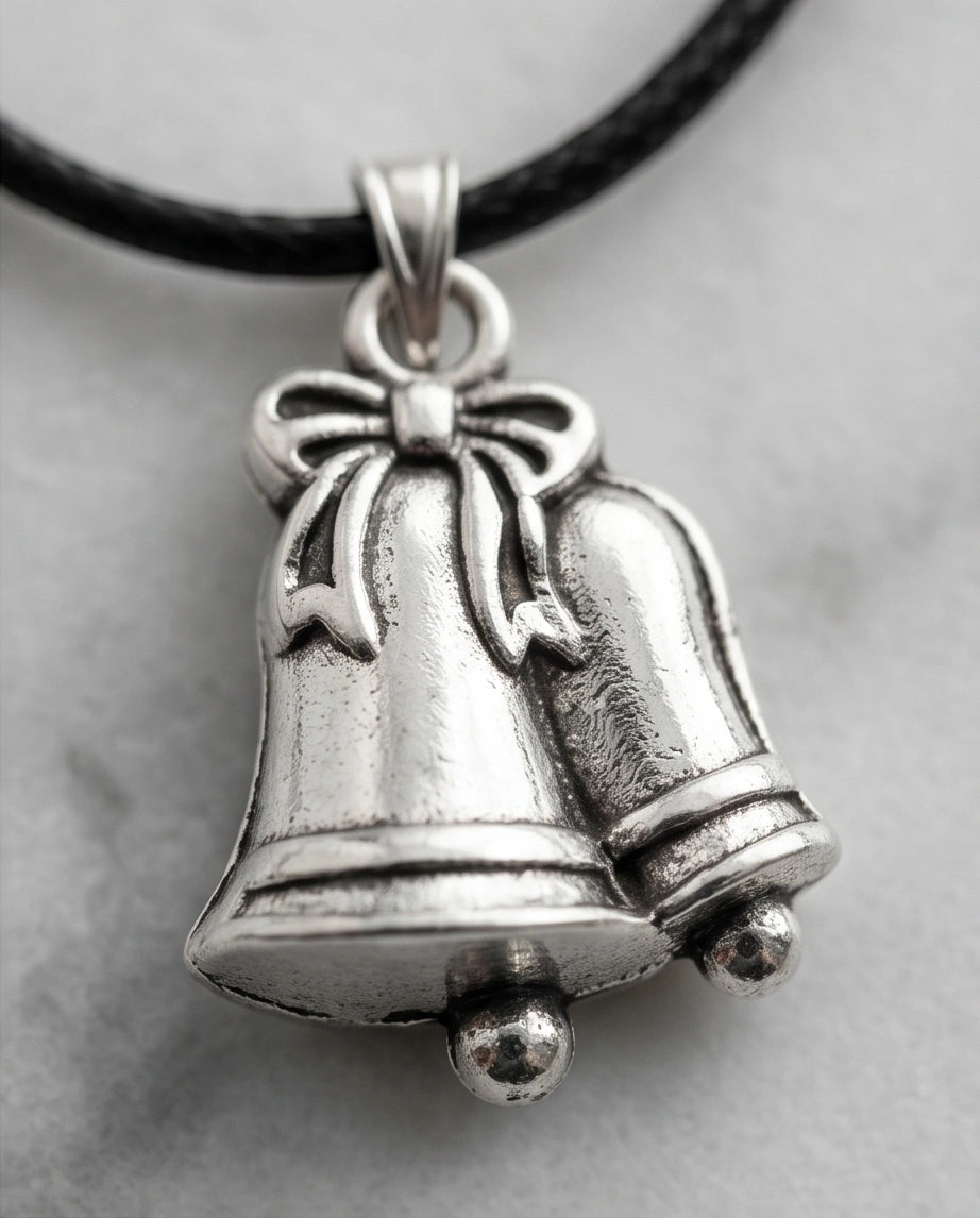 Silver Double Bells Ribbon Pendant Necklace