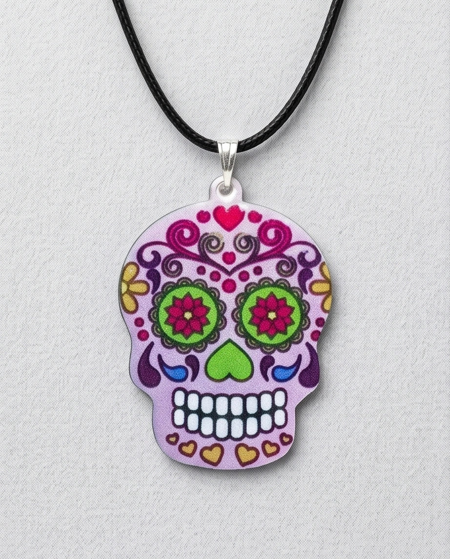 Vibrant Pastel Pink Sugar Skull Día de los Muertos Pendant Necklace